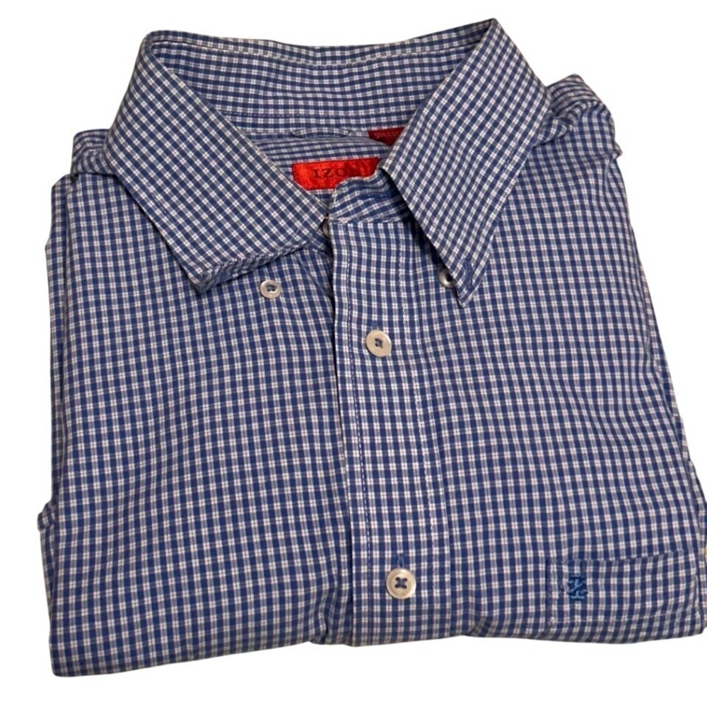 IZOD Mens XL Blue White Gingham Check Short Sleeve Button Down Cotton Shirt